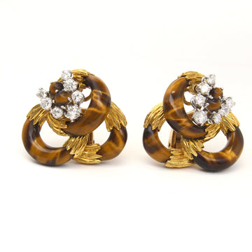 Kutchinsky Tiger Eye Set Diamonds Cocktail Ring Clip On Earrings 18K Yellow Gold