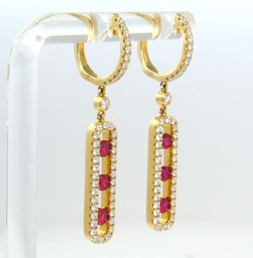 Ruby and 0.90 CT Natural Diamond Drop Earrings Oval Pavè Hoops 14K Yellow Gold