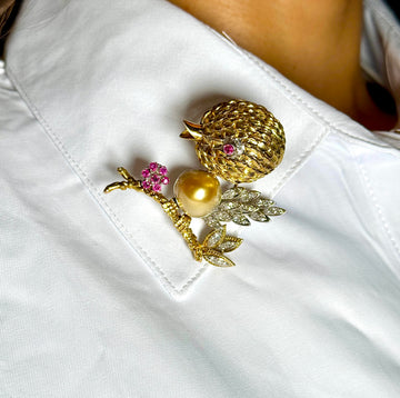 Diamond Canary Bird Ruby Brooch Pearl Pin Yellow & White 14K White Gold