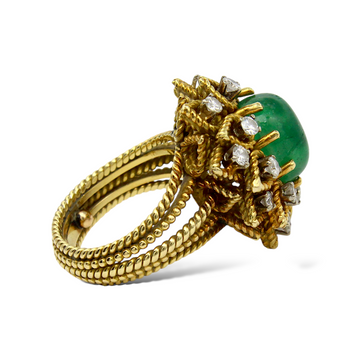 Emerald Cabochon & Diamond Cluster Vintage 18K Yellow Gold Ring Size 5