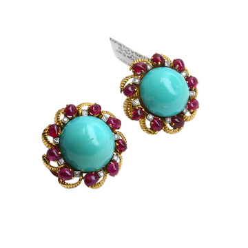 French Turquoise, Ruby & Diamond 18K Yellow Gold Platinum Vintage Earrings