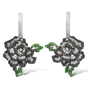 Flower Earrings 1.36 CT White and Black Diamond Tsavorite 18K White Gold