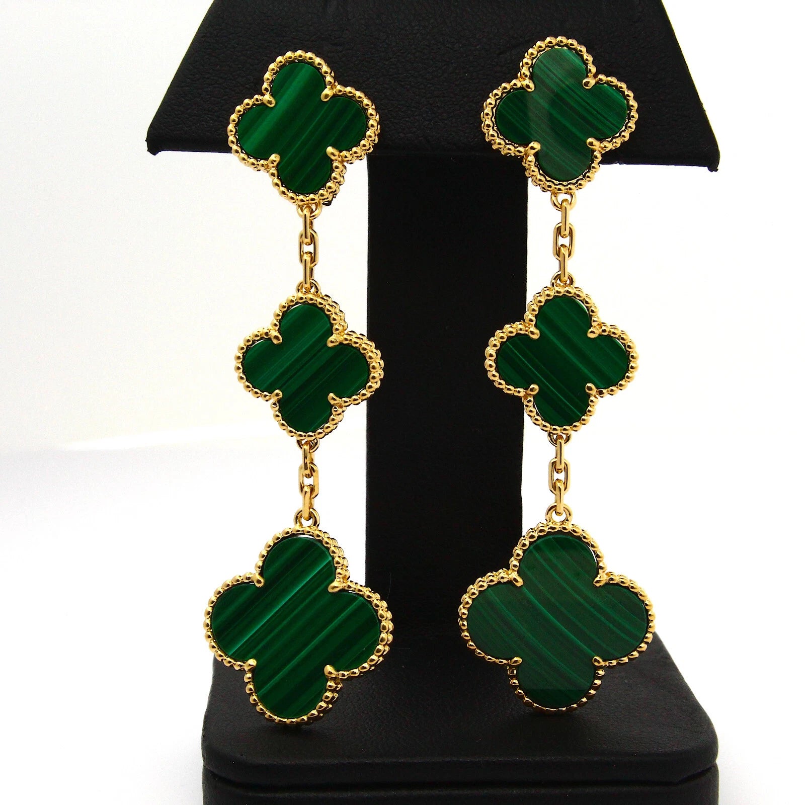VAN CLEEF ARPELS Magic Alhambra Malachite Earrings Three Motifs Authentic