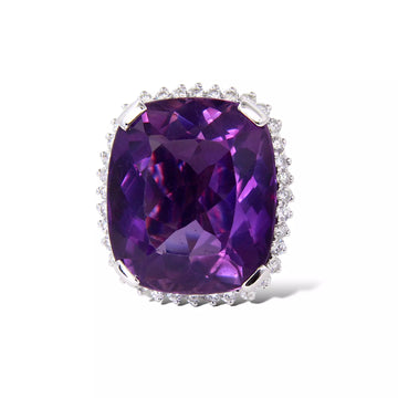 Large Amethyst Diamond Gold Ring 30 CT 18K White Gold Ring Size 4
