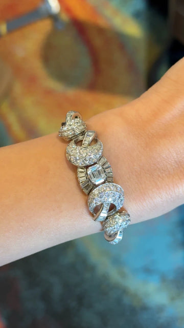 Antique French Art Deco 1920s Platinum Diamond Bracelet 9.25 CT Round, Emerald