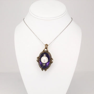 Natural Pearl Amethyst Diamonds Victorian Pendant Pin 18K Yellow Gold