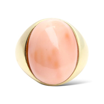 Oval Coral Cabochon Large Statement Ring 14K Yellow Gold