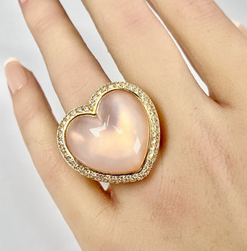 ITALY Orianne Collins HEAVY Heart Ring 18k Rose Gold Diamond, Rose Quartz, Pearl