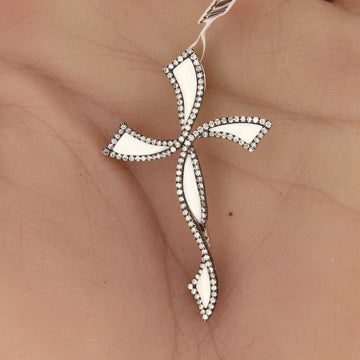 Estate 18K White Gold Enamel Cross Black Rhodium Natural Diamonds 0.68CT Pendant