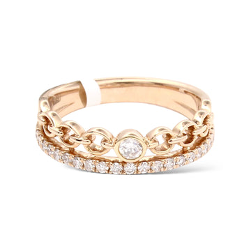 Chain Link Diamond Double Ring 0.32 CT Bezel Center & Pavé Band 14K Rose Gold
