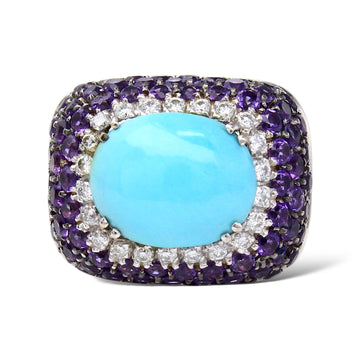 Turquoise, Diamond 0.14 CT & Amethyst Cocktail Ring 18K White Gold Size 7
