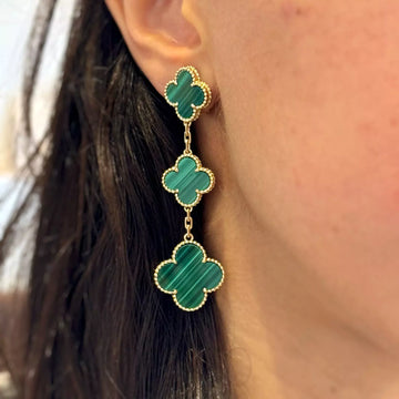VAN CLEEF & ARPELS Magic Alhambra Malachite Earrings Three Motifs Authentic