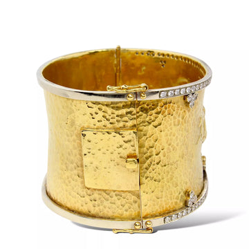 Cuff Bracelet Repousse Horse Chariot Apollo 18K Yellow Gold 1.90 CT Diamond Wide