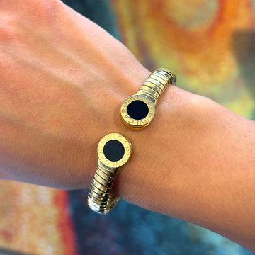 BVLGARI BULGARI Tubogas Black Onyx Bangle Cuff Bracelet 18K Yellow Gold