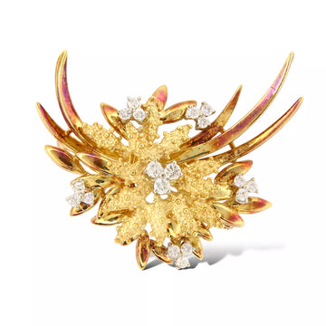 French 1950s Diamond Floral Brooch 1.10 ct 18K Yellow Gold Patina Signed