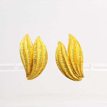 Estate Italian Textured Leaf Shaped Floral 18K Yellow Gold Earrings
