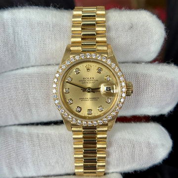 Rolex Lady-Datejust 26mm President 18K Yellow Gold Diamond Bezel Champagne Dial