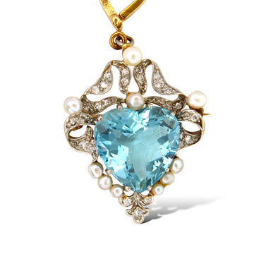 Edwardian Aquamarine Heart Diamond Pearl Pendant Pin 14K Yellow Gold & Platinum