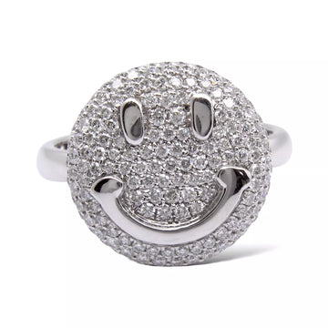 Smiley Face Pavé Signet Diamond Ring 1.05 CT 18K White Gold Size 7