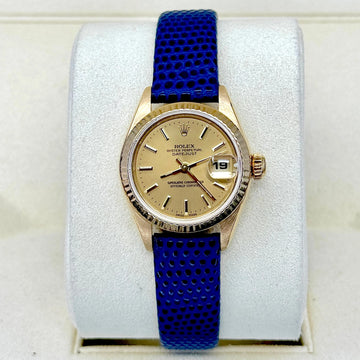 Rolex Lady Datejust 26mm Yellow Gold Fluted Bezel Champagne Dial Leather Band