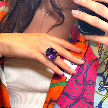 Large Amethyst Diamond Gold Ring 30 CT 18K White Gold Ring Size 4