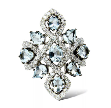 Estate 18K White Gold Diamond 0.69 CT Natural Aquamarine 2 CT Ring Size 6 1/2