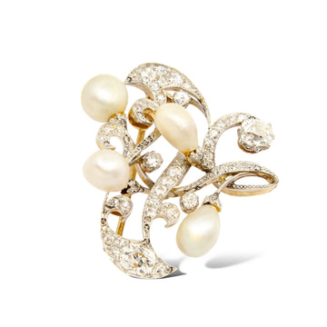 Edwardian Antique GIA Natural Pearl Diamond 3.03 CT 18K Gold Platinum Brooch