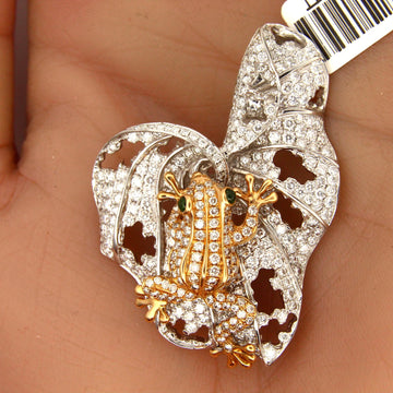 Large Estate Frog Lillypad Natural Diamond Pendant 18k White and Rose Gold