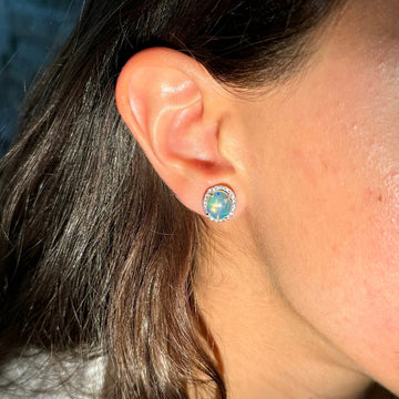 Jelly Opal and Diamond 0.50 CT Halo Stud Earrings 14K White Gold