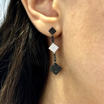 Estate 1 CT Natural White and Black Diamond Dangle Earrings In 18K White Gold