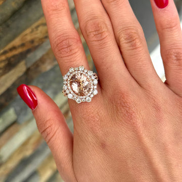 Morganite 4 CT Cocktail Diamond Halo Ring 14K Rose Gold Statement Piece