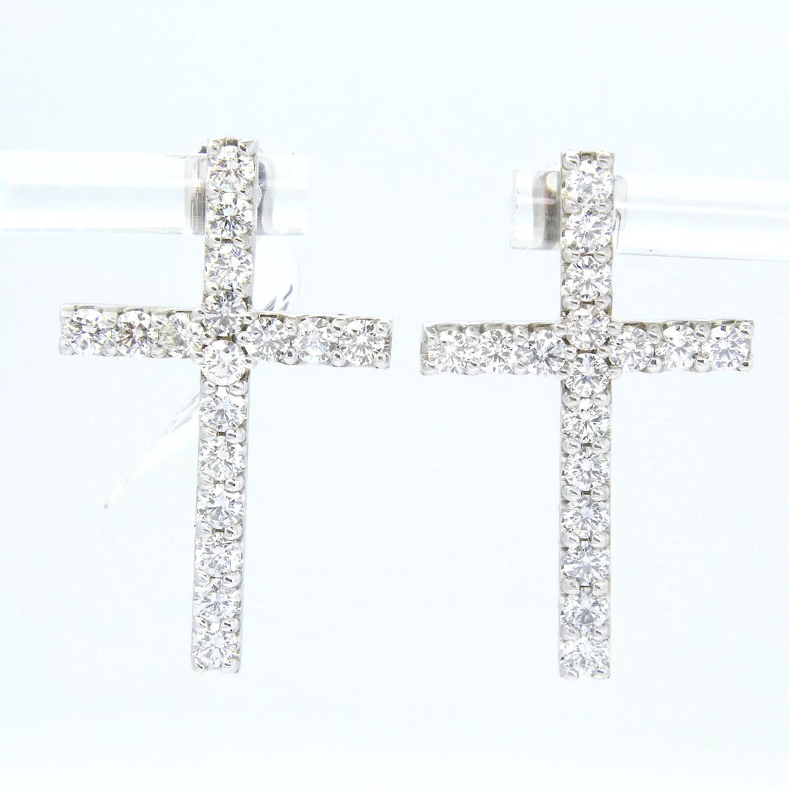 Tall Cross Earrings Natural Diamonds 2.55 CT 14K White Gold 1.26" Inches