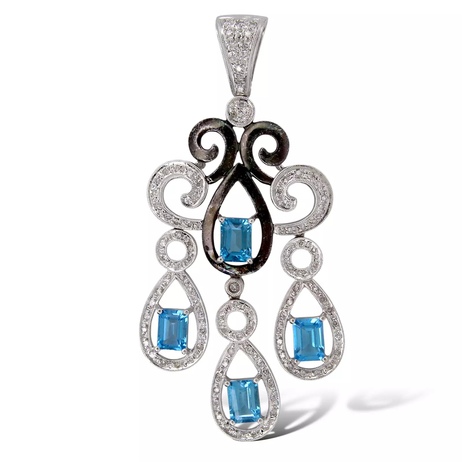Large Blue Topaz Pendant Natural Diamonds 14K White Gold Black Rhodium Swirly