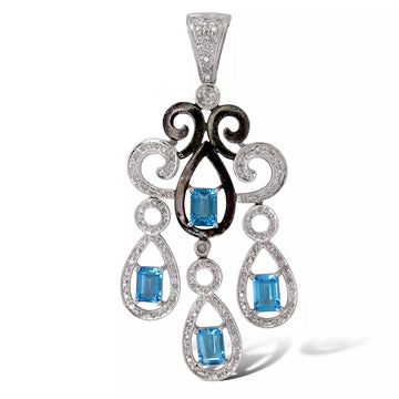 Large Blue Topaz Pendant Natural Diamonds 14K White Gold Black Rhodium Swirly