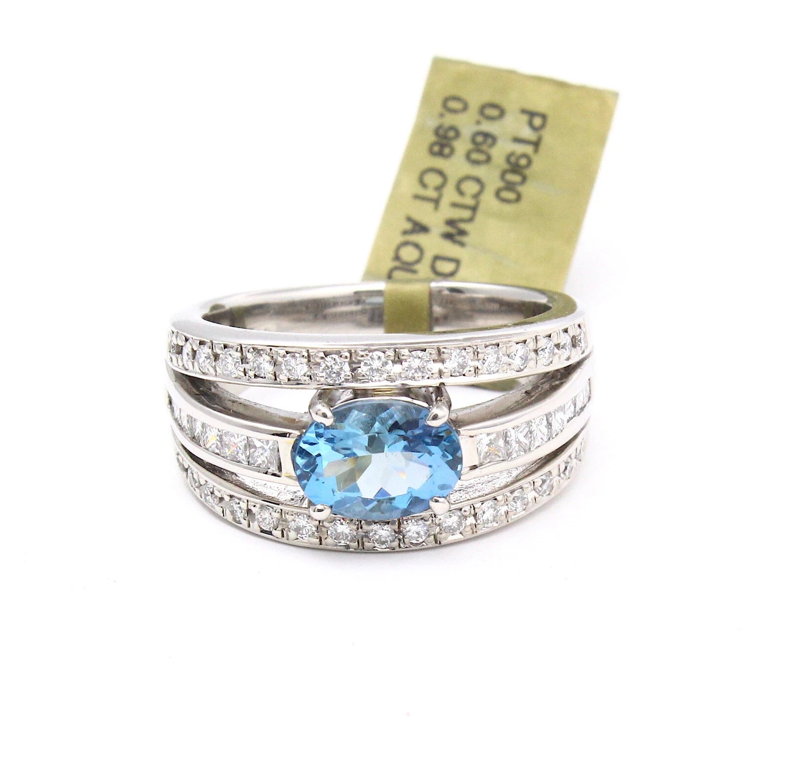 Diamond 0.60 CT Aquamarine 0.98 CT Platinum Multi-Row Band Ring Size 6