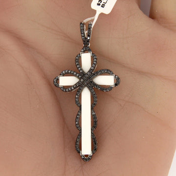 Estate Black Diamonds 0.75CT Pendant 18K White Gold Enamel Cross Rhodium Plated
