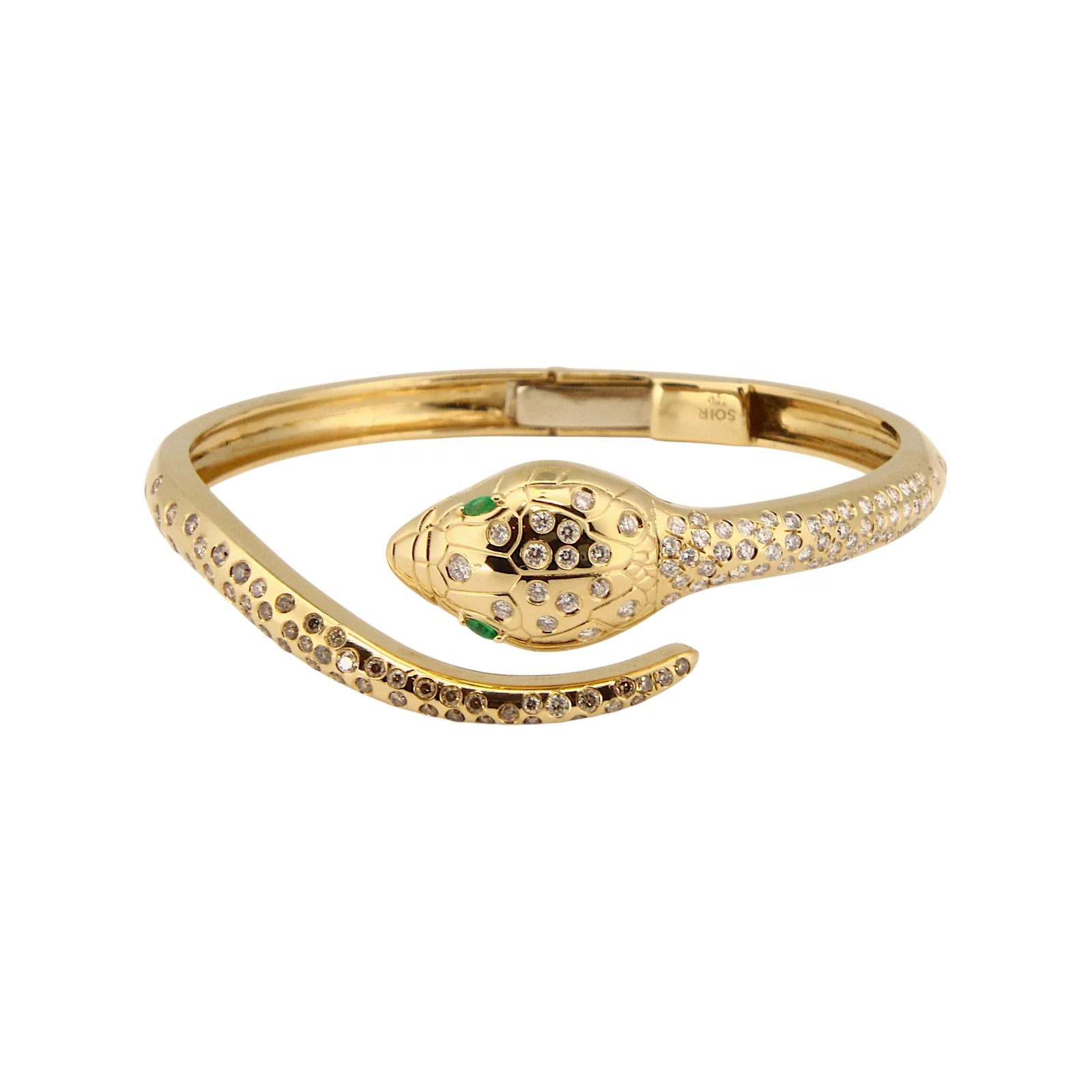 Snake Bangle 18K Yellow Gold Hinge 1.5CT Diamonds Green Emerald Eyes Bracelet