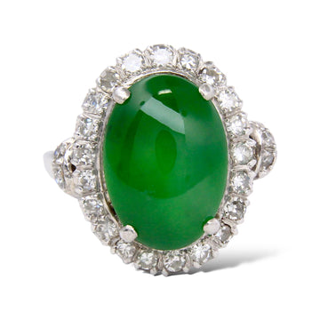 Natural Oval Green Jade Diamond Halo 0.40 CT Cocktail Ring Platinum