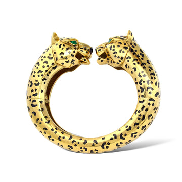 CARTIER Paris Panthère Emerald Eye Rare Black Enamel 18K Yellow Gold Cuff Bangle