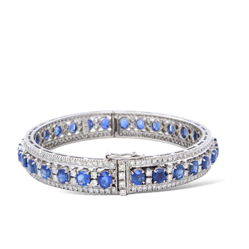 Ceylon Sapphire 15 ct and Natural Diamonds 7 ct Bangle Bracelet 18K White Gold