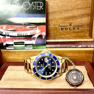 Rolex Submariner Date Vintage Yellow Gold Blue Nipple Dial Patina 1980s 1981 BOX