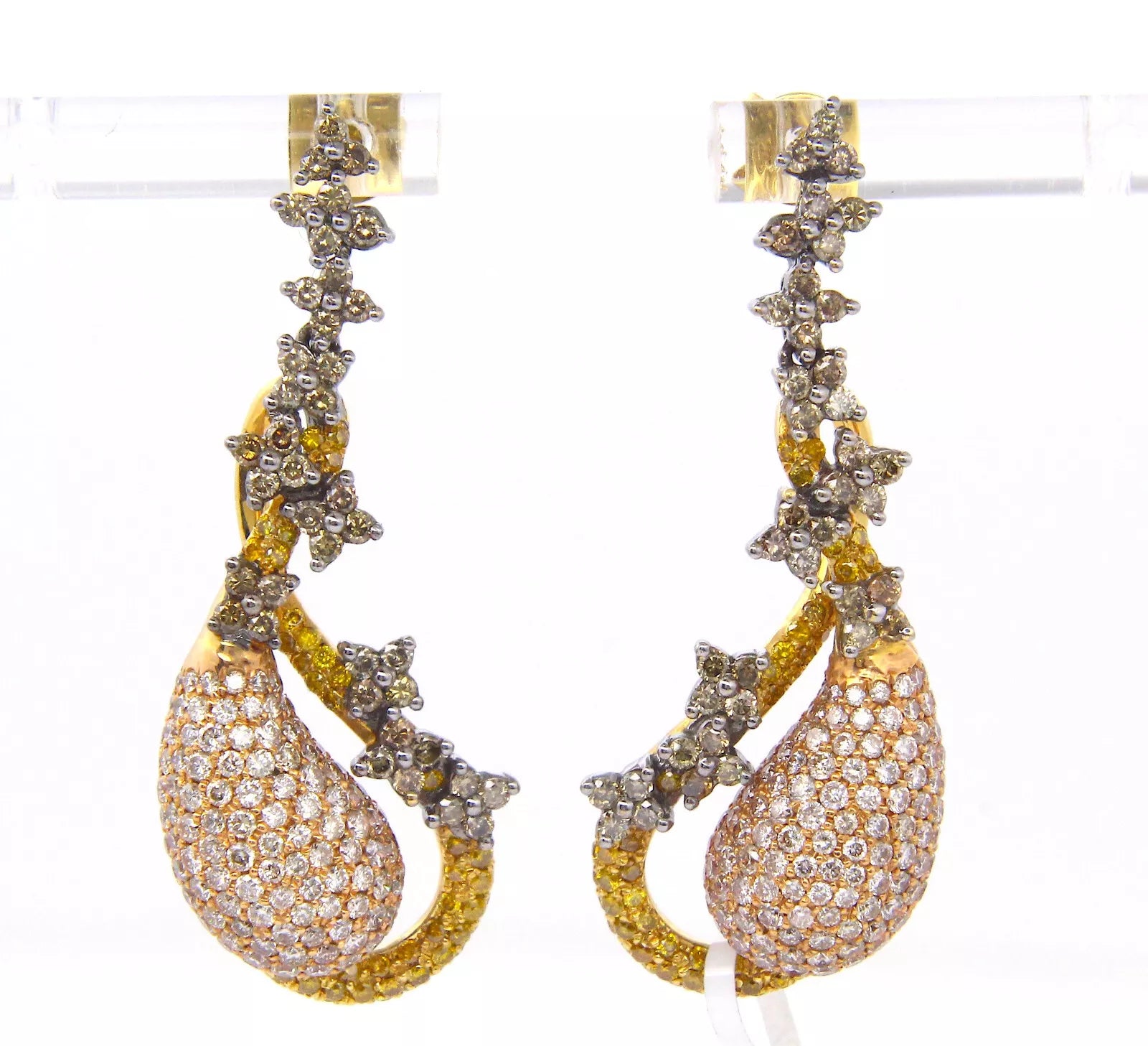 Fancy Yellow Pink Diamond Dangle Tear Drop Flower Earrings 18K Rose Gold