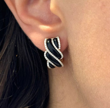 Diamond and Black Onyx Gold Swirl Earrings 0.80 CT 18K Yellow Gold Designer