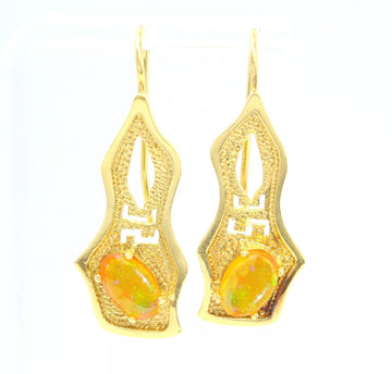 Fire Opal Long Drop Earrings Geometric Vintage Look 18K Yellow Gold
