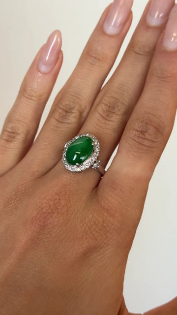 Natural Oval Green Jade Diamond Halo 0.40 CT Cocktail Ring Platinum