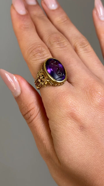 FW Lawrence Amethyst Intaglio Victorian Era Antique Ring 18K Yellow Gold Ring