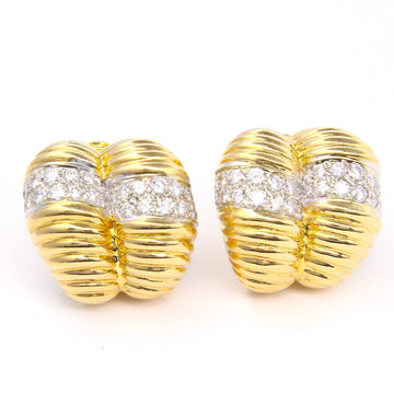 Diamond Ribbed Clip-On Dome Earrings 3 CT 18K Yellow Gold
