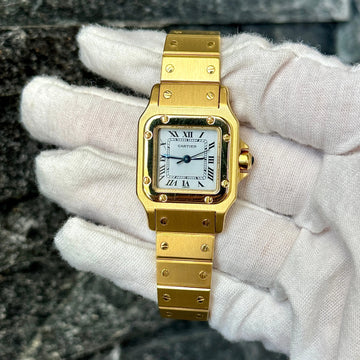 Cartier Santos 18k Yellow Gold BOX CARD Ladies Watch Automatic White Dial 24mm