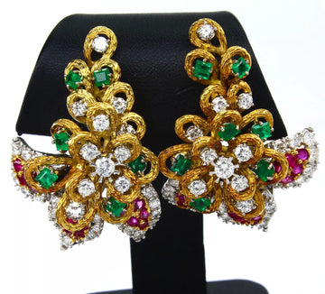 Estate Vintage 18K Gold Natural Diamond Earrings With Ruby And Emerald 11.8 ct