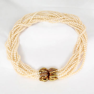 Multi-Strand Seed Pearl Choker Diamond Necklace 15 Inches 18K Yellow Gold